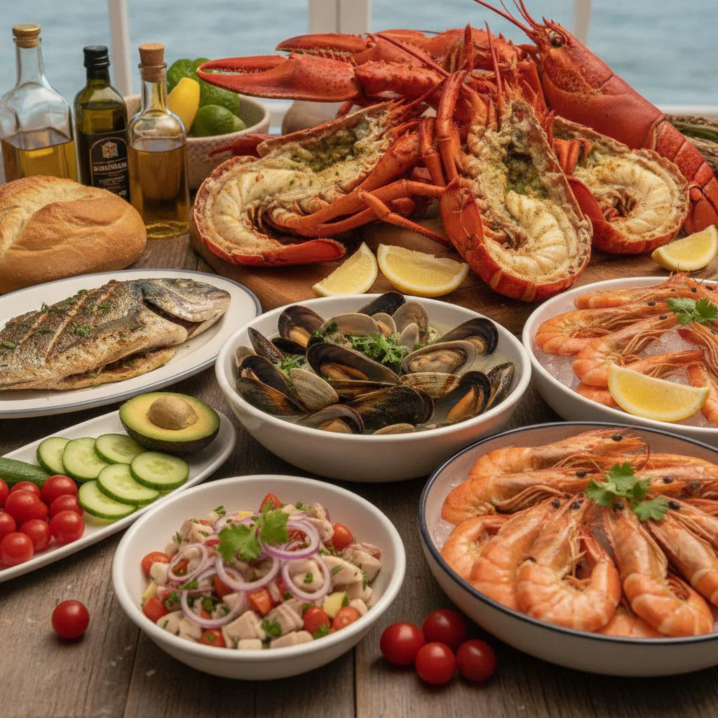 Морепродукты на столе в кафе